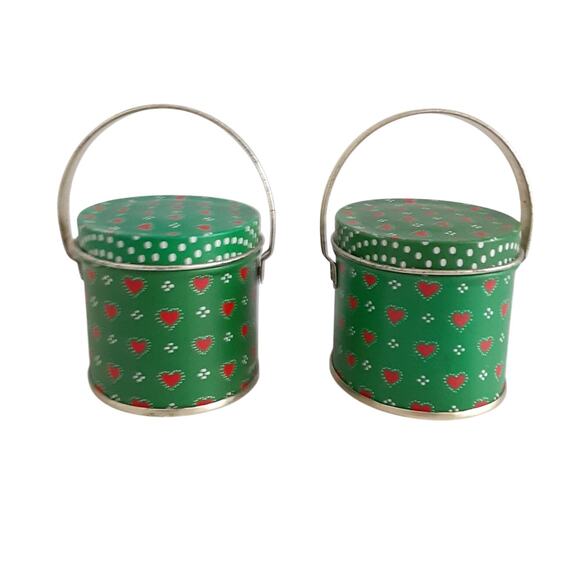 Vintage Dept 56 Christmas Mini Tin Containers Handled Green Set of 2 Holiday - Picture 3 of 8